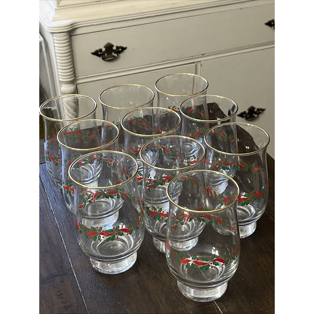 Libby Christmas hollie drinking glasses ,10 PC gold top Great Hollie Design